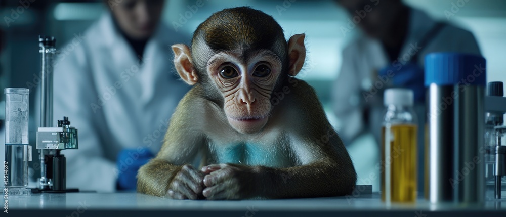 Aufkleber A monkey sitting at a table with various equipment and instruments in a laboratory setting