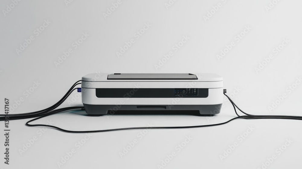 Poster a printer sits on a white table, ready for use