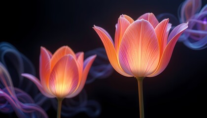 Glowing Tulips in Smoke, Magical, illuminated tulips with colorful smoke trails.
