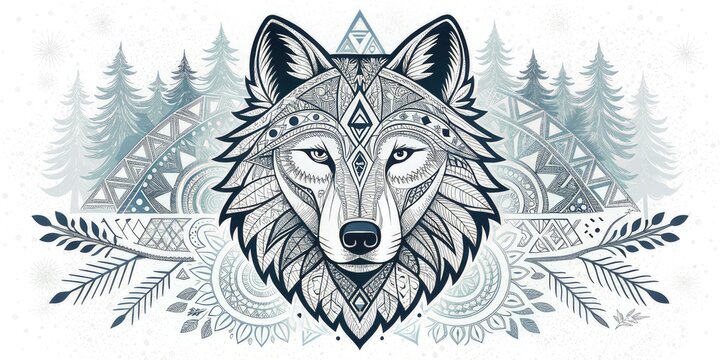 Detailed illustration of a wolf's head with tribal zentangle patterns on a background of misty forest and moon. Perfect for nature blogs, wildlife articles and tattoos.