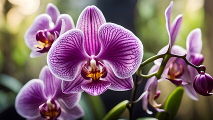Naklejka premium Close-up a vibrant purple orchid intricate details, showcasing its delicate petals rich color.