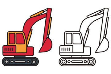 Colorful Excavator and its Outline Drawing for Kids Coloring Book Page