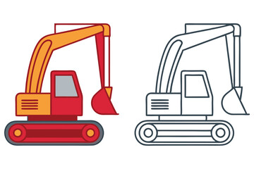 Excavator Illustration Red and Black Outline Design Construction Vehicle Machinery Digger