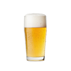 Frosty pint of golden beer with a thick foamy head condensation dripping down the glass isolated on a transparent background 