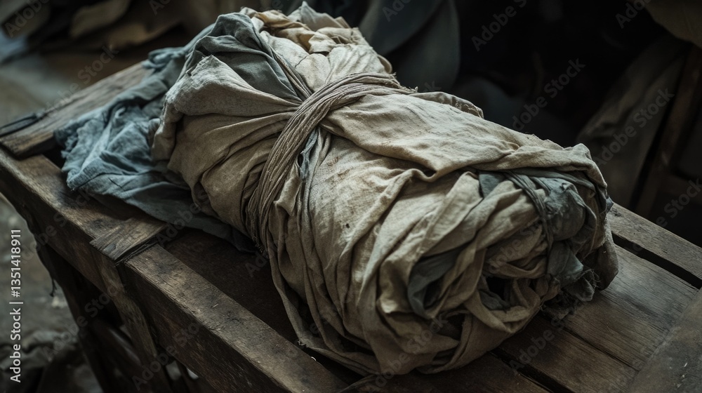 Poster a roll of cloth rests on the surface of a wooden table, ready for use