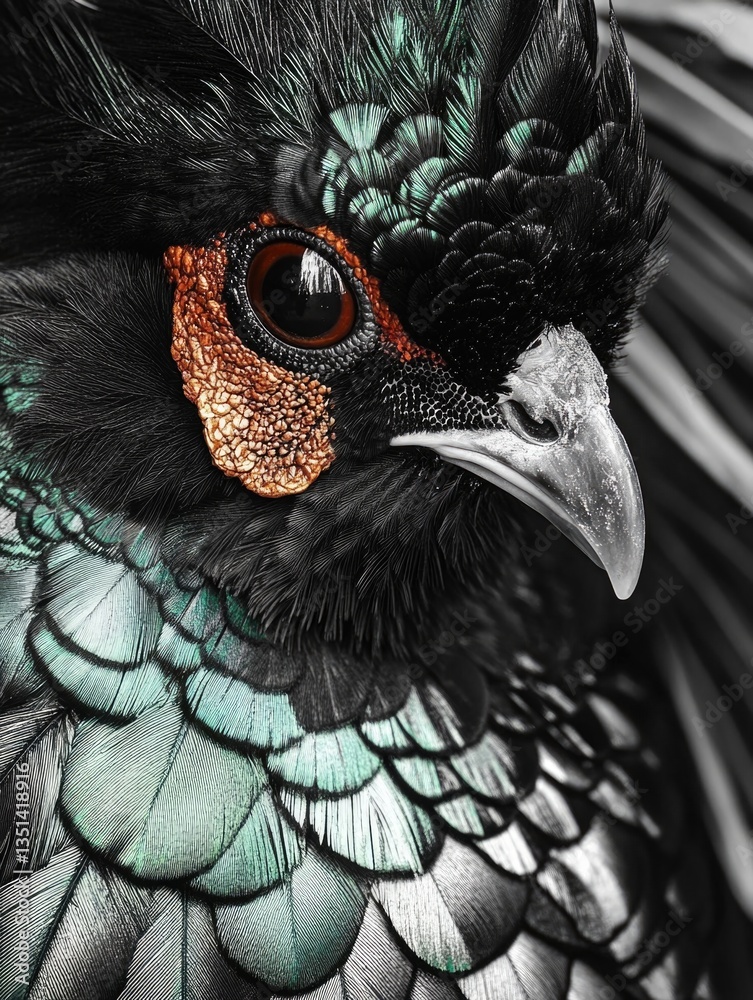 Poster a close-up image of a bird's head with fluffy feathers, ideal for use in nature, wildlife or educati