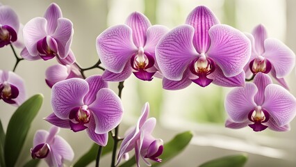 Close-up delicate pink orchids soft, natural light.