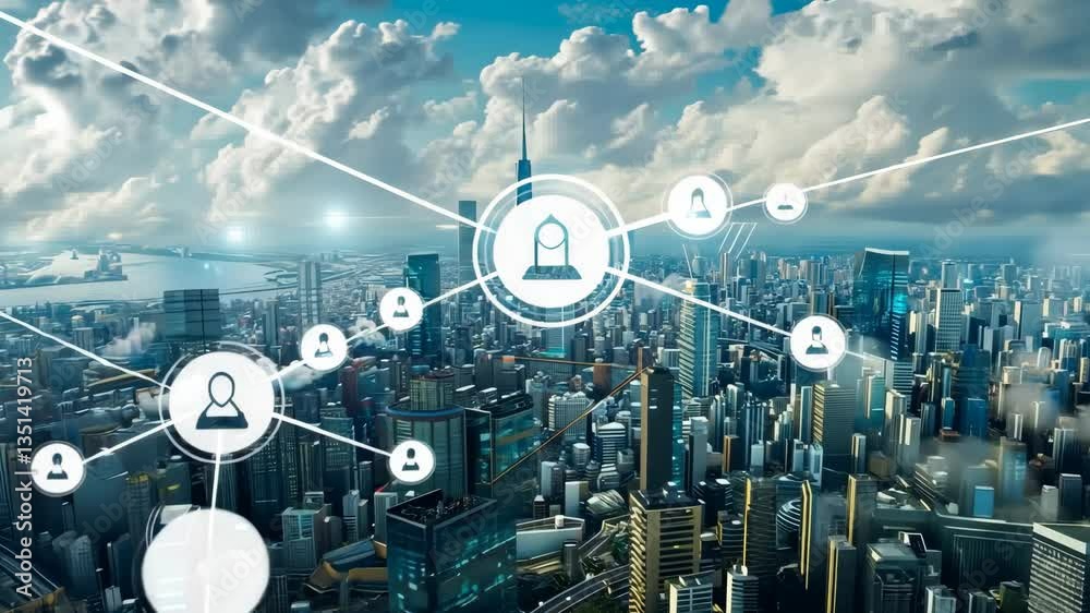Poster the concept of a futuristic urban landscape showcases an advanced and interconnected environment tha