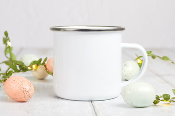 Easter Enamel Camping Mug Mock Up With Cute Easter Egg Lights