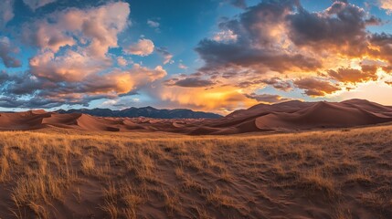 Fototapeta premium Expansive sand dunes meet golden grasslands beneath a dramatic sunset sky with distant mountains