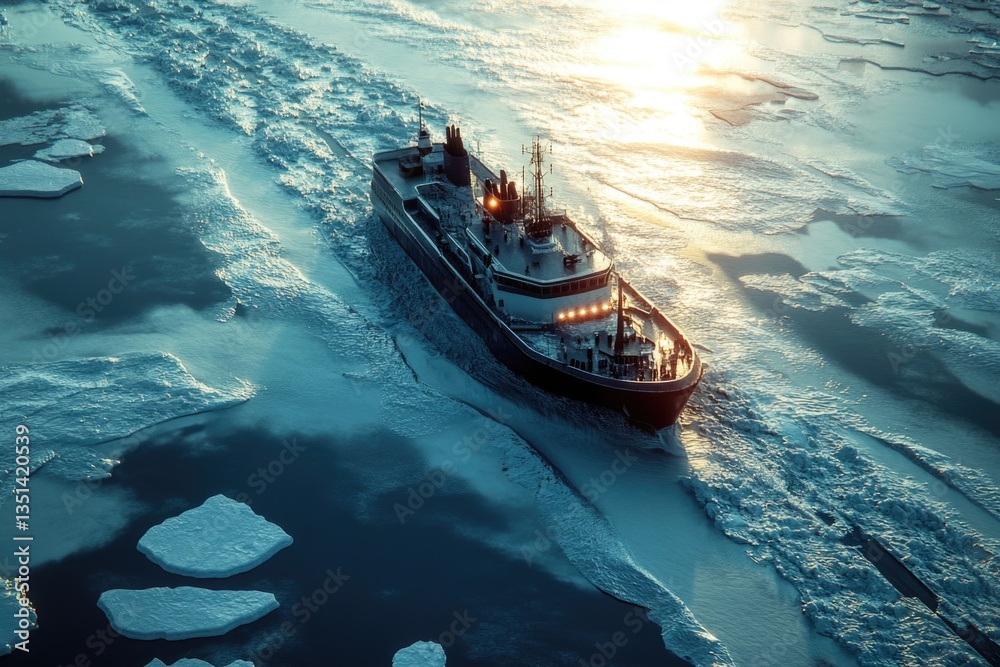 Poster a large boat navigating through calm waters