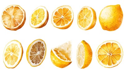Obraz premium Cute child style watercolor lemon pieces on a white background, Generative AI