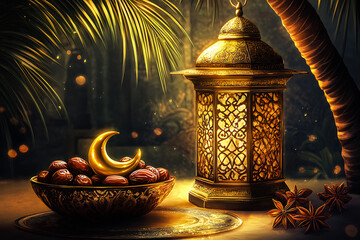 Ornate Golden Lantern with Dates and Crescent Moon &ndash; Ramadan Festive Atmosphere