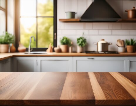 empty tabletop over defocused kitchen with copy space
