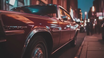 Fototapeta premium Red Classic Car on City Street at Night