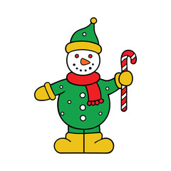 outline vector of a snowman holding a candy cane