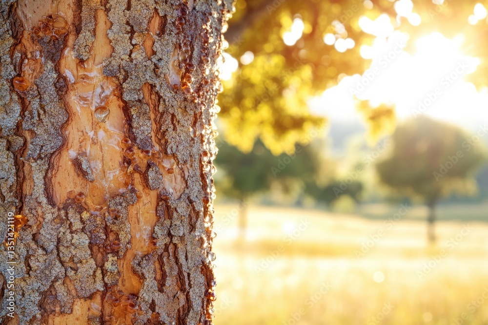 Poster a close-up shot of a tree trunk standing tall in a grassy field