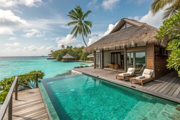 Luxurious Beachfront Villa With Pool in Tropical Paradise Generative AI