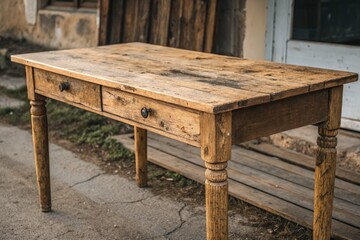 Naklejka premium Rustic Wooden Table Placed Outside an Old Building Generative AI