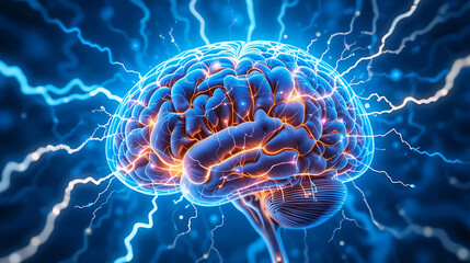 Human brain digital illustration. Electrical activity, flashes and lightning on a blue background. Digital Illustration of the Human Brain. 