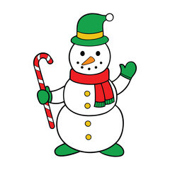 outline vector of a snowman holding a candy cane