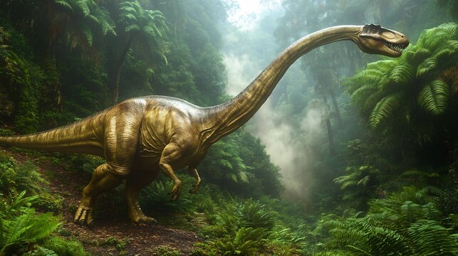 Towering Atlasaurus walking gracefully through lush Jurassic valley long neck swaying feeds treetop foliage morning mist clings ancient ferns creating a mystical atmosphere around the giant herbivore