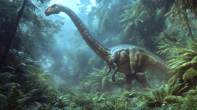Towering Atlasaurus walking gracefully through lush Jurassic valley long neck swaying feeds treetop foliage morning mist clings ancient ferns creating a mystical atmosphere around the giant herbivore