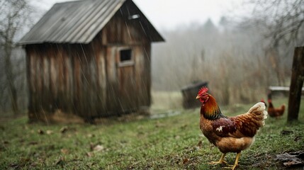 A rooster and chickens in a misty farmyard scene with a wooden structure