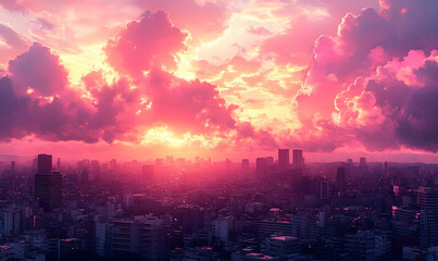 Fototapeta premium Sweeping cityscape under a sky bursting with pink and orange hues. Buildings fade into atmospheric perspective, awash in light