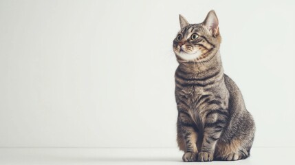 Obraz premium Beautiful American Shorthair cat is sitting on a white background. Looking forward. The cat's eyes are wide open, giving it a curious and alert appearance . Copy space 