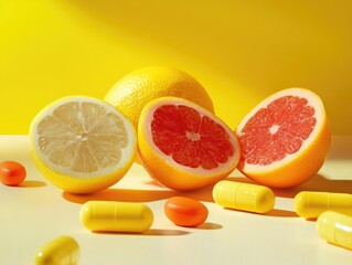 Fototapeta premium A still life image of grapefruits, oranges, and pills arranged on a table