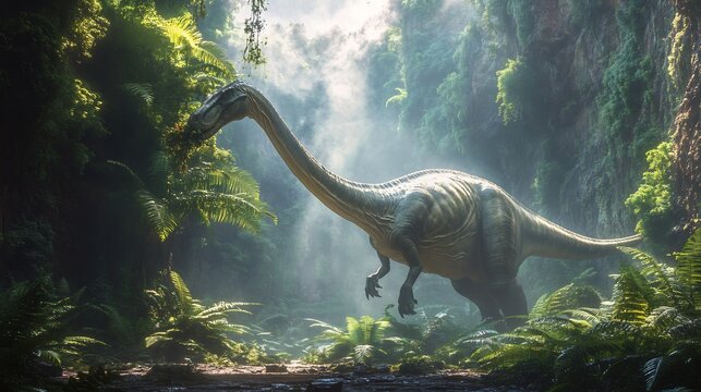 Towering Atlasaurus walking gracefully through lush Jurassic valley long neck swaying feeds treetop foliage morning mist clings ancient ferns creating a mystical atmosphere around the giant herbivore