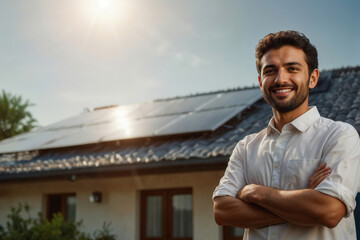 Arabian man standing in front of his private house in white shirt with solar panels for electricity