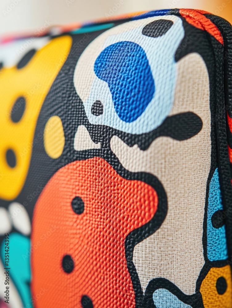 Poster a close-up shot of a bag featuring a colorful cartoon design, ideal for use in illustration or graph