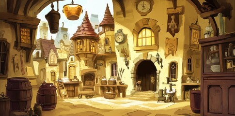 A charming and detailed illustration depicting an old fashioned village scene