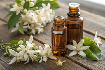 Bottles of Essential Oil With Flowers on Wooden Table Generative AI