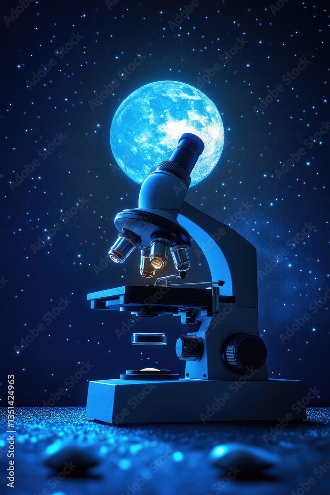 Poster A microscope with a full moon shining brightly in the background, perfect for science or astronomy-themed projects