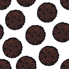 Hand drawn chocolate cookie with chocolate drops seamless pattern