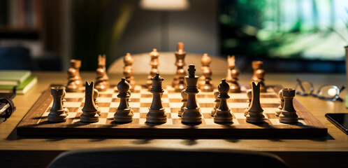 Wooden chess pieces on the chessboard