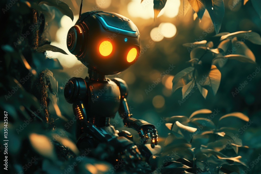 Poster a futuristic robot with glowing eyes sits in a tree, surrounded by nature