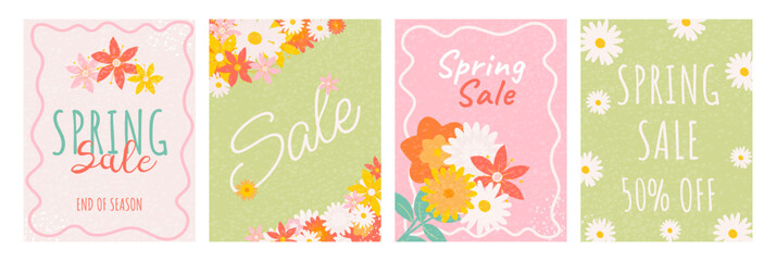 Naklejka premium Hand drawn set of cutest cards or posters for Spring Sale with Flowers, bouquet and Texture. Handwritten Vector Floral vertical templates for Spring Season