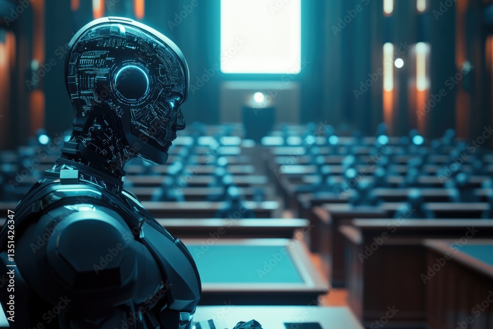 Poster a robot stands outside a lecture hall entrance