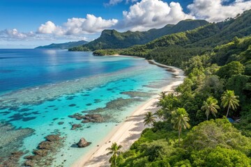 Beautiful Tropical Beach With Clear Turquoise Water and Mountains Generative AI