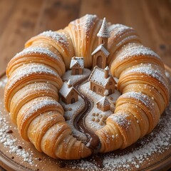 Miniature Croissant Village with Flowing Chocolate Rivers