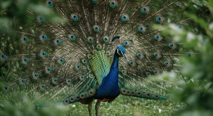 Fototapeta premium Peacock Displaying Feathers Among Greenery in a Natural Outdoor Setting