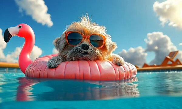 Small dog with sunglasses relaxing on inflatable float in pool under blue sky. Concept of summer fun and pet lifestyle