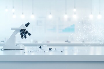 sleek modern laboratory bench with scattered scientific instruments under bright white lights