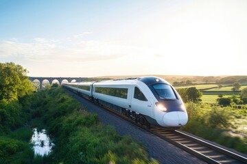 Naklejka premium sleek passenger train glides smoothly along sunlit countryside railway track framed by greenery and clear skies exuding