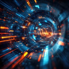Obraz premium Abstract Glowing Tunnel Background Blue Orange Light Streaks, Perspective, Depth, Motion