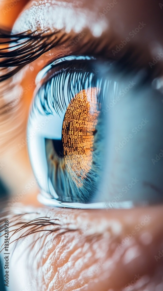 Poster an eye with detailed iris patterns reflects streams of binary code, showcasing the blend of biology 